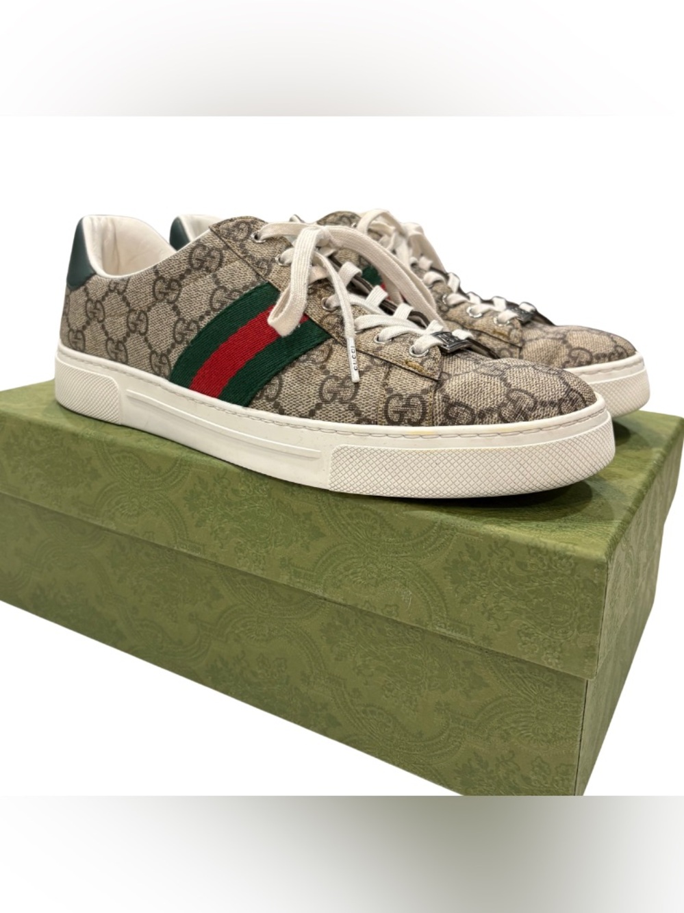 Authentic Gucci Beige GG Canvas Ace Sneaker with Green & Red Web